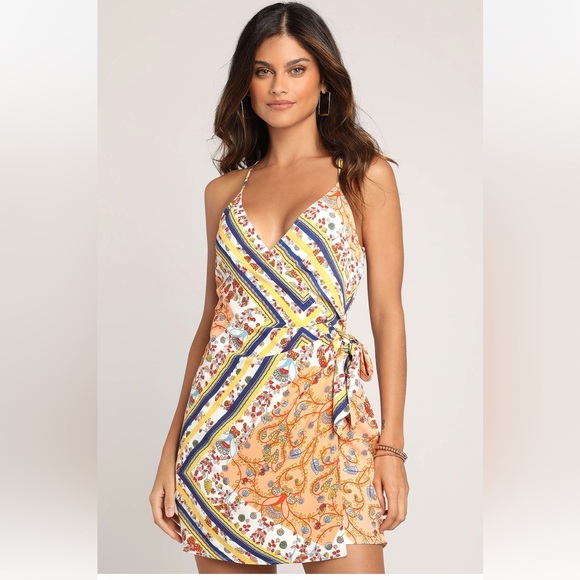 Lulus Every Angle White Multi Print Sleeveless Wrap Mini Dress Size Medium - Picture 1 of 11